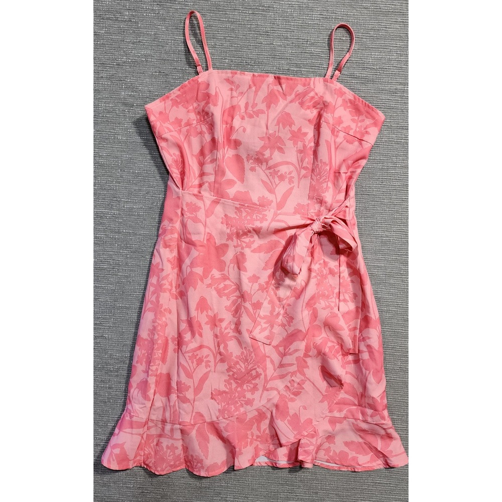 Pink Lily Floral Mini Dress Pink Sleeveless‎ Ruffle Faux Wrap Size M